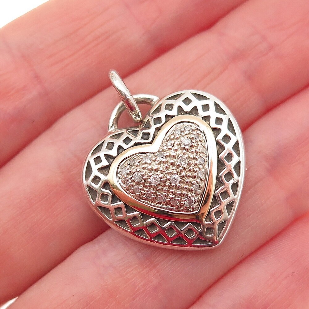Town & Country 925 Sterling Silver 14K Gold Vintage Real Diamond Heart Pendant